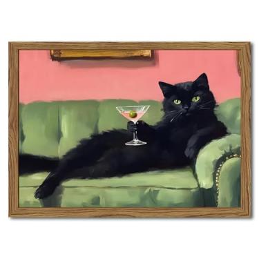 Imagem de Arte de parede engraçada de gato preto Martini, decoração de carrinho de bar, impressão em tela de pintura de coquetel eclética, imagem de arte de animal fofo para quarto, sala de estar, cozinha, 40 x