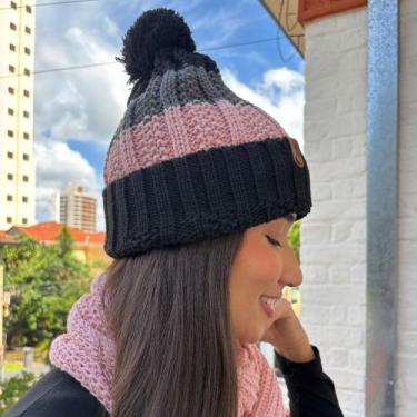 Imagem de Conjunto Touca Pompom Listrada Com Cachecol Gola Lã Macio Quentinho - 