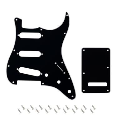 Imagem de Banworks Conjunto de 3 camadas Strat SSS Pickguard 11 furos com placa traseira Tremolo Tremolo de 6 furos para USA/Mexican Modern Style Standard Stratocaster ST JT/HB-08 preto brilhante