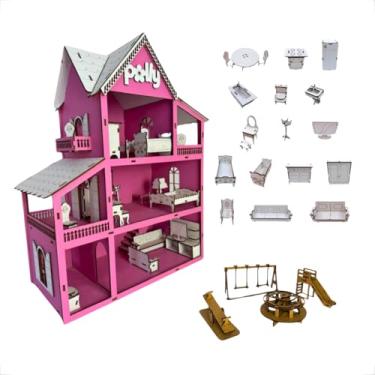 Imagem de Casinha Boneca Em Mdf Pintado Rosa 43 Cm + 19 Mini Moveis e Kit Parquinho
