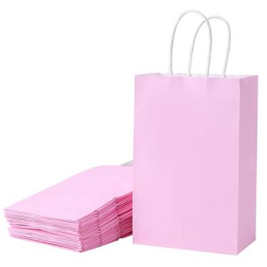 Imagem de SUNCOLOR Pacote com 12 sacos de presente rosa com alças – Sacos de presente pequenos recicláveis de 20 cm para lembrancinhas de festa, aniversários, chás de bebê, festas de princesas e casamentos