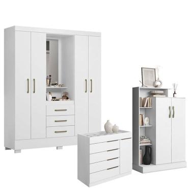 Imagem de Guarda Roupa Solteiro Paris 2045150 com Armário Multiuso Florença 2000199 e Cômoda Sapateira Sevilha 2004147 Branco - Aramóveis