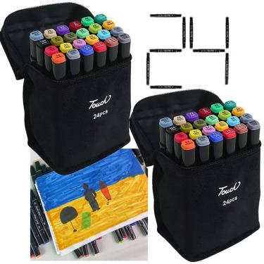 Imagem de Caneta Canetinhas 24 Cores Ponta Dupla Kit 2 Uni Permanente Estojo Bolsa Com Alça Desenho Pintura Arquitetura Cartaz