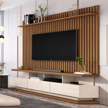 Imagem de Rack com Painel para TV Até 72 Polegadas Vivare Classic 3 Gavetas Ripado Off White/Freijó - Giga Móveis