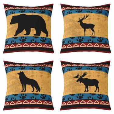 Imagem de Feelyou Capas de almofada vintage urso 45,72 cm x 45,72 cm conjunto de 4 capas macias para crianças, meninos, meninas, cabana, veado, caça, fronhas, fazenda, lobo, alce, animal selvagem, amarelo, capa
