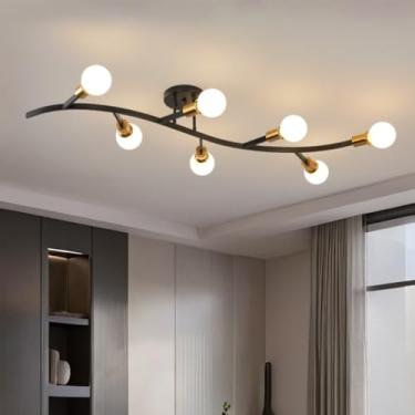 Imagem de Salburyao Luminária De Teto Semi-Embutida Sputnik Moderna, Preta E Dourada, Com 7 Luzes, Lustre Minimalista Meados Do Século Para Sala Estar, Jantar, Quarto, Cozinha, Corredor (Lâmpadas Não Incluída