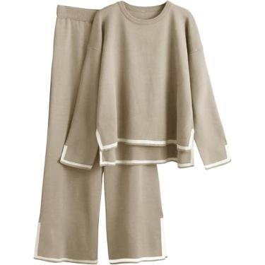 Imagem de 2 Piece Outfits Mulheres Vendas Conjuntos De Suéter Casual Manga Curta Malha Pullover Tops Perna Larga Calças Homewear Elegantlounge Conjuntos Silk Feel, Khaki, L