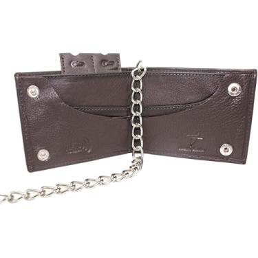 Imagem de Carteira masculina com corrente de couro segura para RFID, estilo dobrável, feita à mão com design de dois botões nos EUA para caminhoneiros motociclistas, Marrom escuro, small, Com corrente