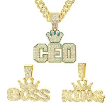 Imagem de Xikui Corrente de elos cubanos masculinos com pingente de 3 peças, Miami Ice Out Diamond Cuban Link Bless King Rich Cross Never Give Up Colar Hip Hop Jewelry, normal, Liga de aço, Zircônia cúbica