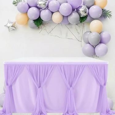 Imagem de Saia de mesa rosa e branca, tule, toalha de mesa tutu, capa para chá de bebê, festa de aniversário, sobremesas, buffet, decoração de banquete, roxo e roxo, 9 pés 275 x 78 cm
