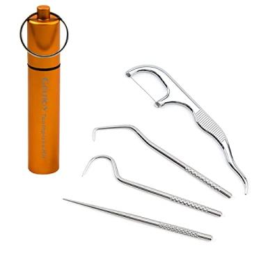 Imagem de Conjunto de bolso para palitos de dente portátil, palhetas de fio dental, fio dental reutilizável, coletor de dentes de viagem, fio dental para adultos, kit de limpeza de dentes de aço inoxidável