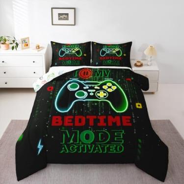Imagem de Jogo de cama solteiro para meninos, videogames, crianças, console de jogos, gamepad, espaço, brilho, preto, verde, geométrico, 3D, leve, letra, digital, edredom com 1 fronha