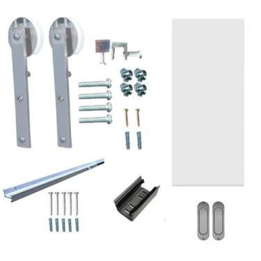 Imagem de Kit Porta Madeira 0,80x2,10m Primer + Trilho Correr 1,60m Escovado + B