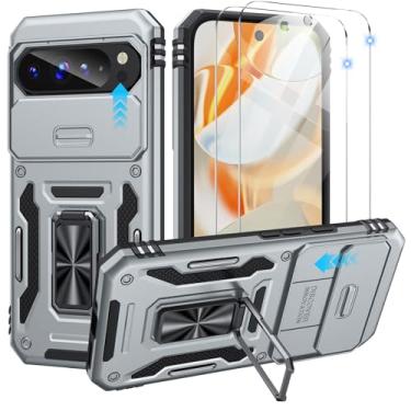 Imagem de Capa dupla KeDZ para Google Pixel 9 Pro XL com capa deslizante para câmera e película à prova de explosão (2 peças) - Capa protetora à prova de choque e queda de nível militar com suporte, cinza
