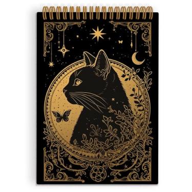 Imagem de QLMX Caderno espiral de tarô de gato dourado, caderno de diário de gato preto gótico, presentes de gato bruxo para amantes de gatos, cadernos de gato bruxo para trabalho escolar, material de