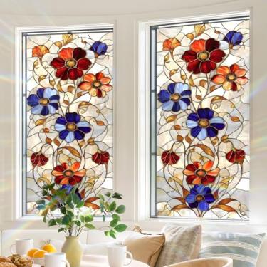 Imagem de BVBOX Película de privacidade para janela 44,5 cm x 99,8 cm, adesivo de película de vitral com bloqueio solar, adesivo decorativo não adesivo para controle de calor de porta doméstica, flor 2