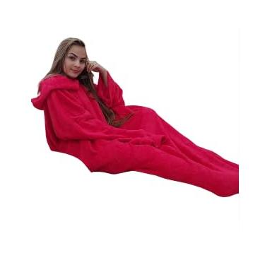 Imagem de Cobertor com Mangas e Capuz em Microfibra, 170x90 cm, Rosa, Fechamento nas Costas, para Inverno (Vermelho)