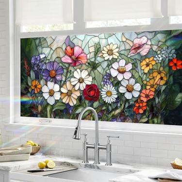 Imagem de BVBOX Película de privacidade para janela 44,5 cm x 99,8 cm, flores coloridas bloqueadoras de sol, adesivo de vidro decorativo não adesivo para controle de calor de porta doméstica, flor 3