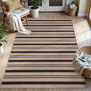 Imagem de Tangsoo Tapete de juta listrado, ultrafino, lavável de 7,5 x 12,7 cm para quarto, antiderrapante, preto, interior, exterior, moderno, quintal, tapete para entrada de pátio