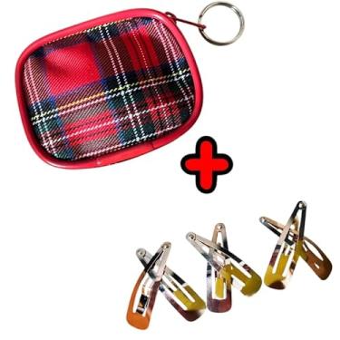 Imagem de Kit Presilha Tic Tac de Cabelo Tamanho Grande Metal Dourado 3 pares + 1 Porta Niquel Moeda Xadrez Quadrado Vermelho Luxo