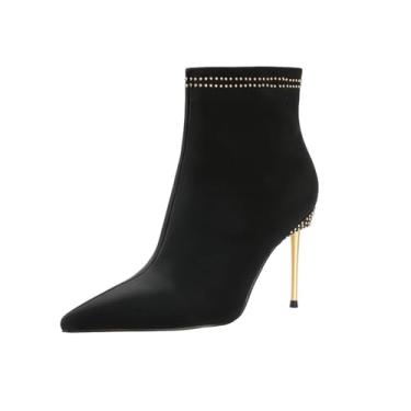 Imagem de Husmeu Botas femininas de couro, modernas, elegantes, salto alto, bico fino, cano baixo, com rebite lateral e zíper stiletto, Preto, 9 Narrow