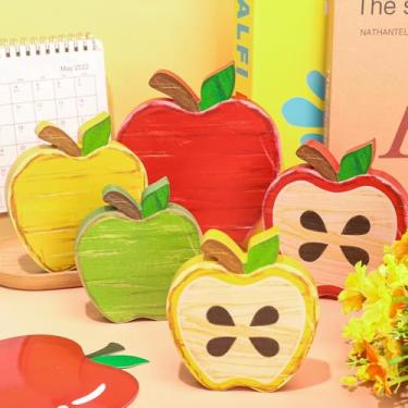 Imagem de Whaline 5 peças de placas de madeira de maçã retrô com recortes de maçã para mesas de centro de mesa vintage coloridas para o primeiro dia de aula, bandeja em camadas de mesa de fazenda