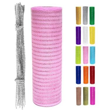 Imagem de Rolo de fita de malha metálica rosa claro 25,4 cm x 9,1 m (10 jardas) para árvore de Natal, grinaldas, grinaldas, guirlandas, decorações de fim de ano, papel alumínio com glitter, embrulho de presente