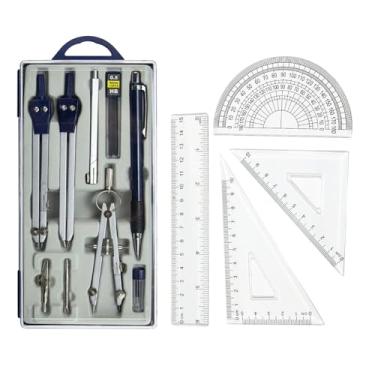 Imagem de Ioensy Conjunto de geometria transferidor de matemática ferramentas essenciais de geometria réguas multifuncionais bússola de metal para materiais de aula, Style a