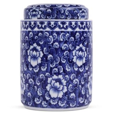 Imagem de XINGYAN Jarra de gengibre de porcelana azul e branca tradicional chinesa estilo antigo vaso de flores coberto de cerâmica com tampa, estilo China Ming, design chinês (cilindro)