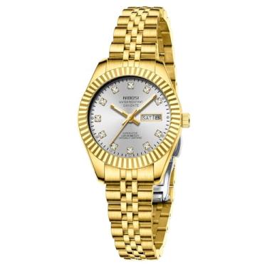 Imagem de NIBOSI Relógios femininos analógicos de quartzo de aço inoxidável com data luminosa à prova d'água delicada, clássico, luxuoso, diamante, elegante, relógio feminino para pulsos pequenos, Dourado