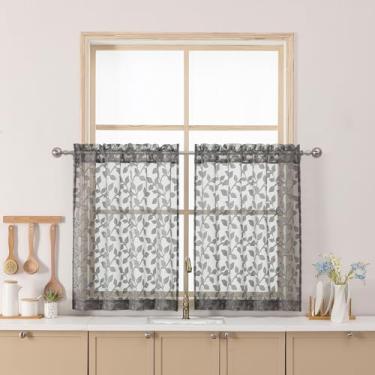 Imagem de Chyhomenyc Cortinas transparentes cinza carvão 76 cm de comprimento, cortina de cozinha pequena texturizada com filtro de luz sobre a pia, cortinas curtas de meia janela para porão de banheiro, 76 cm