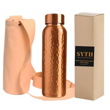 Imagem de SYTH Garrafa de água de cobre 100% puro com bolsa de lona | Recipiente de cobre ayurvédico feito à mão para saúde e desintoxicação, livre de BPA, ioga, academia, escritório, viagens (martelado à mão