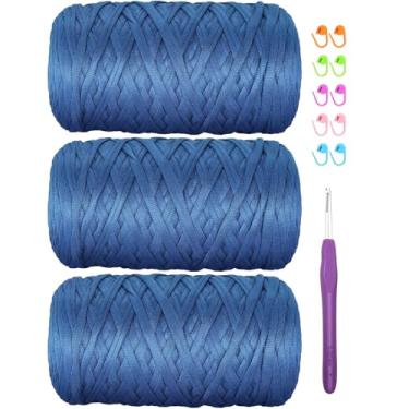 Imagem de Camiseta de 400 g de tecido elástico de crochê para tricô DIY, fio de crochê grosso espaguete para mão, bolsa faça você mesmo, cesta de almofada, projetos de crochê, decoração de casa (azul)