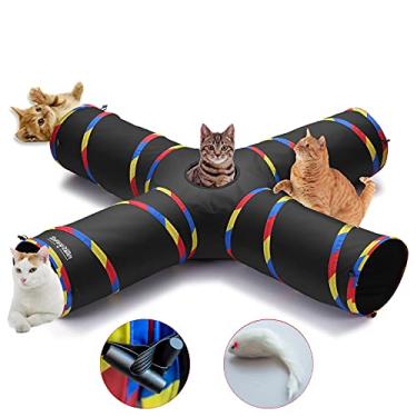 Imagem de SweetBin Túneis grandes de 4 vias para gatos internos - 25,4 cm de diâmetro e 119,4 cm de comprimento - tubo para gatos com bola de brincar e brinquedo de mouse - olho mágico interativo (preto)