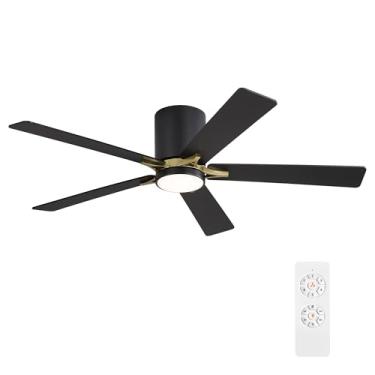 Imagem de WINGBO Ventilador de teto CC de 132 cm com luzes, 5 lâminas de compensado, motor CC reversível de 6 velocidades, 3CCT, ventilador de teto de baixo perfil para sala de estar, quarto, cozinha, preto e