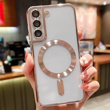 Imagem de HJZSZX Para S24 Plus Luxury Plating Clear Magnetic Wireless Charge Case Silicone Cover (Para S24 Plus/Rose)