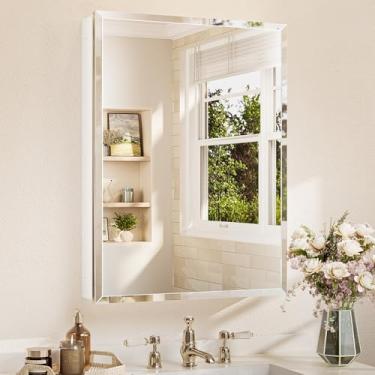 Imagem de TETOTE Espelho de banheiro de 61 x 81 cm com armazenamento com espelho chanfrado temperado armário de remédios branco armário de remédios dobradiças DTC, prateleiras ajustáveis contínuas, embutidas