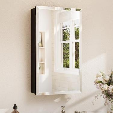 Imagem de TETOTE Armário de remédios de 38 x 66 cm com espelho chanfrado temperado preto para banheiro com dobradiças DTC de armário de alumínio de armazenamento, prateleiras ajustáveis contínuas, embutidas
