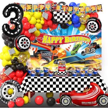 Imagem de 3rd Birthday Party Hot Race Cars Wheels Theme Birthday Party Decorations Set Including Backdrop,Banner,Balloon Garland Arch, Tablecloth, Cake Toppers