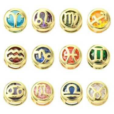 Imagem de UR URLIFEHALL 12 peças, 12 estilos, 12 contas espaçadoras de zircônia cúbica de constelação de 11 mm contas planas redondas do zodíaco da sorte para pulseira faça você mesmo, colar, fabricação de