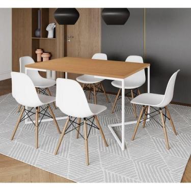 Imagem de Mesa Jantar Industrial Retangular Canela 137X90Cm Base V Ferro Branco 