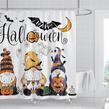 Imagem de SHENGJUN Cortina de chuveiro com gnomos Happy Halloween 182 x 188 cm, desenho animado boo assustador abóbora bruxa vassoura teia de aranha morcego outono outono tecido cortinas de banheiro 12 ganchos