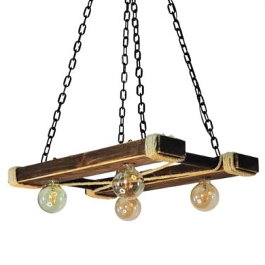 Imagem de Luminária Pendente Rústica Western em Madeira Pinus e Metal com 4 Soquetes E27 – Design Artesanal com Corda Sisal e Correntes de Nylon