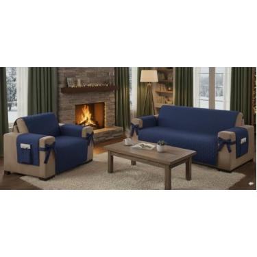 Imagem de Kit Capa Protetora para Sofá 2 e 3 Lugares | Protetor de Sofá Ajustável com Laço Decorativo | Capas Laváveis Antiderrapantes | Proteção contra Sujeira, Manchas, Pets e Crianças (Azul Royal)