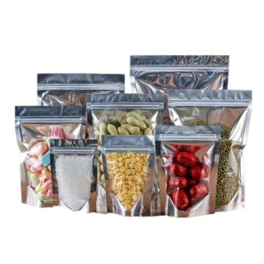 Imagem de BILAXIEER 100 peças, bolsa de embalagem plástica de alumínio resselável com zíper frontal transparente para zíper selável a quente com entalhe de rasgo, armazenamento de alimentos de longo prazo (9,9