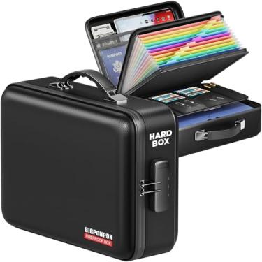 Imagem de BigPonPon Caixa de documentos à prova de fogo, capa rígida, altamente resistente a chamas, à prova de fogo, organizador de arquivos à prova d'água com trava, seguro para incêndio portátil para