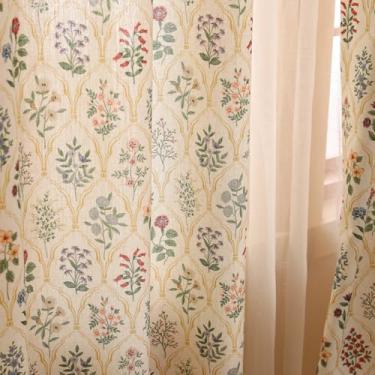 Imagem de ISAENNE Cortinas florais coloridas semi blackout vintage, cortina de linho para decoração de casa com ilhós para quarto, sala de estar, cozinha, quarto, janela, 2 painéis de 159 cm de largura por 189