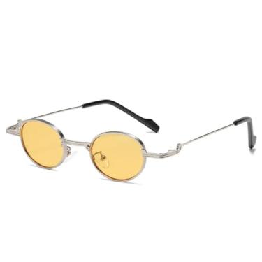Imagem de Óculos de sol retrô exclusivos com armação de metal oval feminino, moderno, transparente, lentes oceânicas, UV400, óculos de sol punk da moda para homens (prata e amarelo)