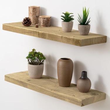 Imagem de Acovy Prateleiras flutuantes de madeira de celeiro rústica de 20 polegadas de profundidade montadas na parede, prateleiras de parede com suporte invisível para sala de estar, banheiro, quarto e