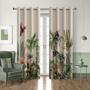 Imagem de Erbnaryx 80% cortinas blackout para quarto, cortinas com padrão de plantas tropicais 261 cm de comprimento para sala de estar, cortinas art déco vintage, cortinas de janela com isolamento térmico